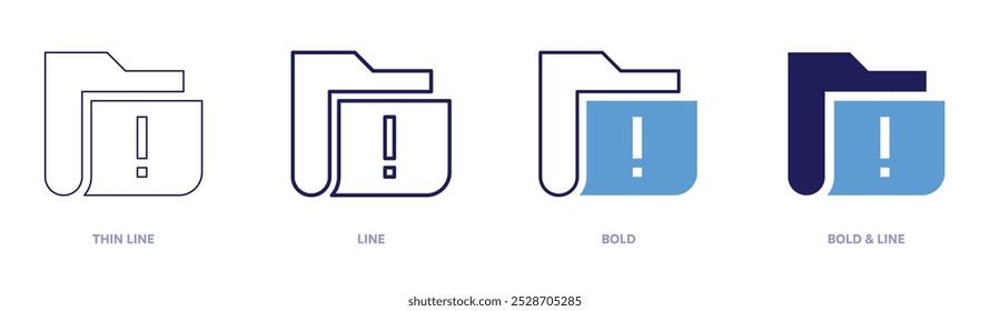 Ícone de frase de ponto de exclamação em 4 estilos diferentes. Linha fina, Linha, Negrito e Linha Negrito. Estilo duotônico. Traçado editável.