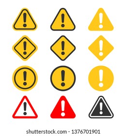 Exclamation mark set icons in flat style. Danger alarm collection vector illustration on white isolated background. Caution risk business concept.