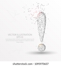 Exclamation mark shape line and composition digitally drawn low poly wire frame in the form of broken a part triangle and scattered dots on white background.