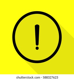 Exclamation mark sign. Black icon with flat style shadow path on yellow background.