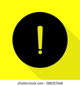 Exclamation mark sign. Black icon with flat style shadow path on yellow background.