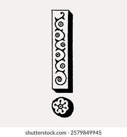 Exclamation mark sign in classic medieval art illustration isolated on white, vector. Vintage black font isolated on white, vector.