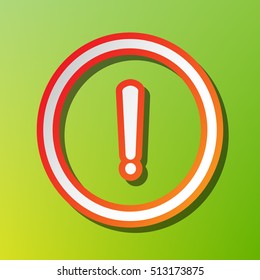 Exclamation mark sign. Contrast icon with reddish stroke on green backgound.