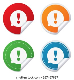 Exclamation mark sign icon. Attention speech bubble symbol. Round stickers. Circle labels with shadows. Curved corner. Vector