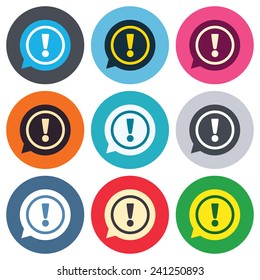 Exclamation mark sign icon. Attention speech bubble symbol. Colored round buttons. Flat design circle icons set. Vector