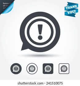 Exclamation mark sign icon. Attention speech bubble symbol. Circle and square buttons. Flat design set. Thank you ribbon. Vector
