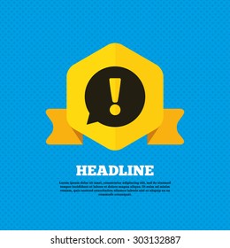 Exclamation mark sign icon. Attention speech bubble symbol. Yellow label tag. Circles seamless pattern on back. Vector