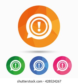 Exclamation mark sign icon. Attention speech bubble symbol. Triangular low poly button with flat icon. Vector