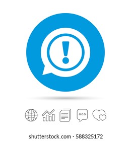 Exclamation mark sign icon. Attention speech bubble symbol. Copy files, chat speech bubble and chart web icons. Vector