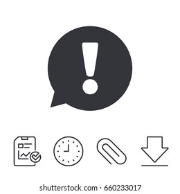 Exclamation mark sign icon. Attention speech bubble symbol. Report, Time and Download line signs. Paper Clip linear icon. Vector