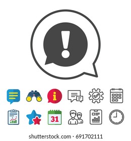 Symbol für Ausrufezeichen Wahrnehmungs-Sprechblase-Symbol. Information, Bericht und Kalenderzeichen. Symbole der Gruppen-, Service- und Chat-Linien. Vektorgrafik