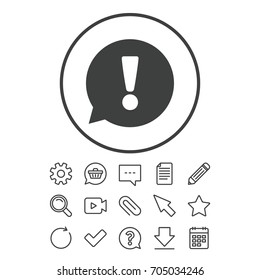 Exclamation mark sign icon. Attention speech bubble symbol. Document, Chat and Paper clip line signs. Question, Pencil and Calendar line icons. Star, Download and Shopping cart. Vector