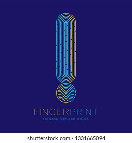 Exclamation mark sign pattern Fingerprint scan logo icon dash line, Warning concept, Editable stroke illustration blue and yellow isolated on blue background with Fingerprint text and space, vector