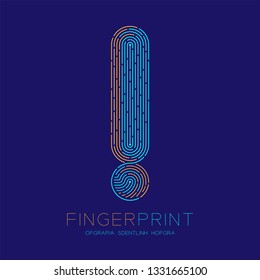 Exclamation mark sign pattern Fingerprint scan logo icon dash line, Warning concept, Editable stroke illustration blue and orange isolated on blue background with Fingerprint text and space, vector