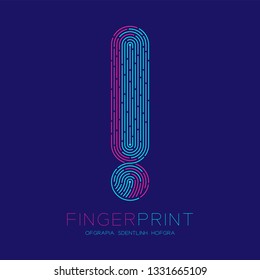 Exclamation mark sign pattern Fingerprint scan logo icon dash line, Warning concept, Editable stroke illustration blue and pink isolated on blue background with Fingerprint text and space, vector