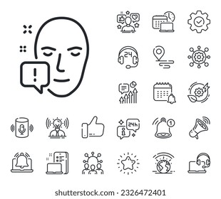 Signo de la marca de exclamación. Coloque los iconos de la ubicación, la tecnología y el contorno del altavoz inteligente. Icono de la línea de atención. Símbolo de información de identificación facial. Señal de la línea de atención. Vector
