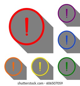 Exclamation mark sign. Set of red, orange, yellow, green, blue and violet icons at white background with flat shadow.
