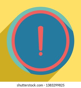 Exclamation mark sign. Sunset orange icon with llapis lazuli shadow inside medium aquamarine circle with different goldenrod shadow at royal yellow background.