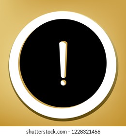 Exclamation mark sign. Vector. Black icon with light brown shadow in white circle with shaped ring at golden background.