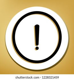 Exclamation mark sign. Vector. Black icon with light brown shadow in white circle with shaped ring at golden background.