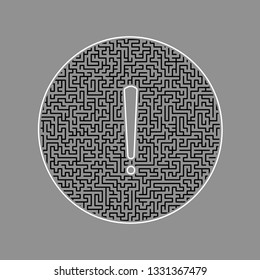 Exclamation mark sign. Vector. Black maze filled icon with white border at gray background.
