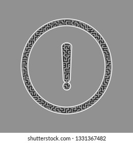 Exclamation mark sign. Vector. Black maze filled icon with white border at gray background.