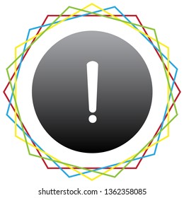Exclamation mark sign. Vector. Black icon with patch of light inside colorful hexagonal frames at white background.