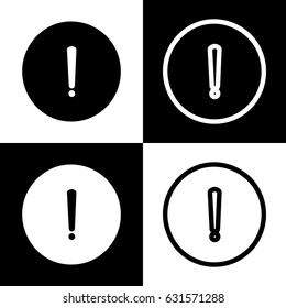 Exclamation mark sign. Vector. Black and white icons and line icon on chess board.