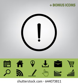 Exclamation mark sign. Vector. Black icon at gray background with bonus icons at celery ones