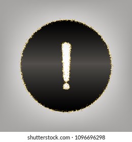 Exclamation mark sign. Vector. Blackish icon with golden stars at grayish background.