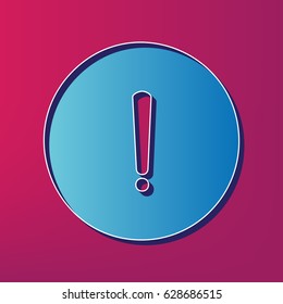 Exclamation mark sign. Vector. Blue 3d printed icon on magenta background.