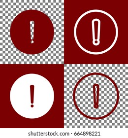 Exclamation mark sign. Vector. Bordo and white icons and line icons on chess board with transparent background.