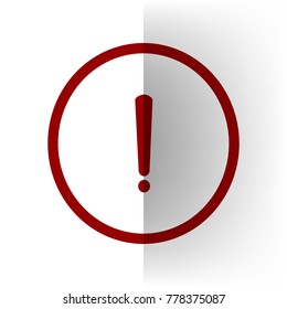 Exclamation mark sign. Vector. Bordo icon on white bending paper background.