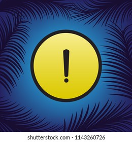 Exclamation mark sign. Vector. Golden icon with black contour at blue background with branches of palm trees.