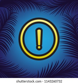 Exclamation mark sign. Vector. Golden icon with black contour at blue background with branches of palm trees.