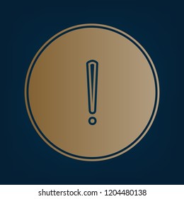 Exclamation mark sign. Vector. Golden icon and border at dark cyan background.