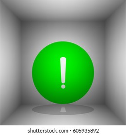 Exclamation mark sign. Vector. Green icon with shadow in the room.