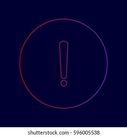 Exclamation mark sign. Vector. Line icon with gradient from red to violet colors on dark blue background.