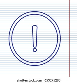 Exclamation mark sign. Vector. Navy line icon on notebook paper as background with red line for field.