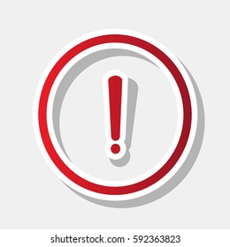 Exclamation mark sign. Vector. New year reddish icon with outside stroke and gray shadow on light gray background.