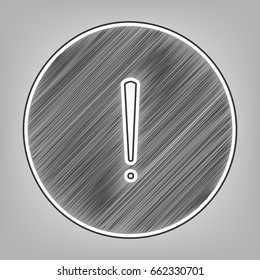 Exclamation mark sign. Vector. Pencil sketch imitation. Dark gray scribble icon with dark gray outer contour at gray background.