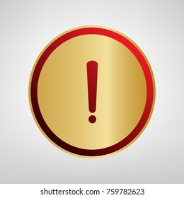 Exclamation mark sign. Vector. Red icon on gold sticker at light gray background.