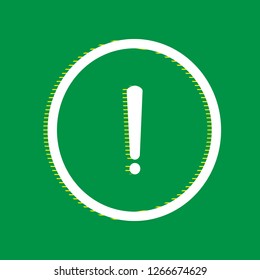 Exclamation mark sign. Vector. White flat icon with yellow striped shadow at green background.