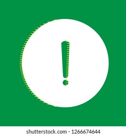 Exclamation mark sign. Vector. White flat icon with yellow striped shadow at green background.