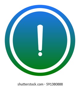 Exclamation mark sign. Vector. White icon in bluish circle on white background. Isolated.