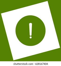 Exclamation mark sign. Vector. White icon obtained as a result of subtraction rotated square and path. Avocado background.