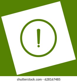 Exclamation mark sign. Vector. White icon obtained as a result of subtraction rotated square and path. Avocado background.