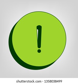 Exclamation mark sign. Vector. Yellow green solid icon with dark green external body at light colored background.