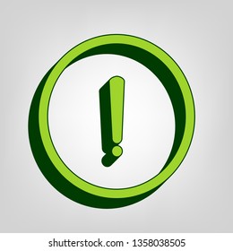 Exclamation mark sign. Vector. Yellow green solid icon with dark green external body at light colored background.