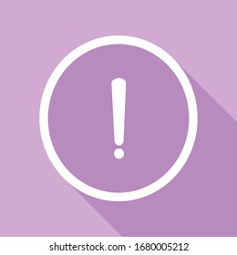 Exclamation mark sign. White Icon with long shadow at purple background. Illustration.